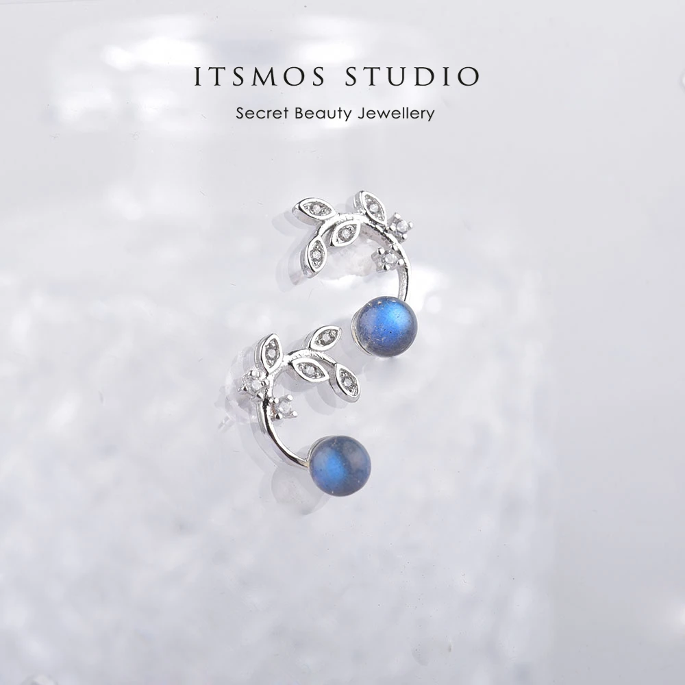 ITSMOS Geometric Labradorite Leaf Earrings s925 Silver Earrings C-Shaped Diamond Circle Elegant Earrings Jewelry for Women