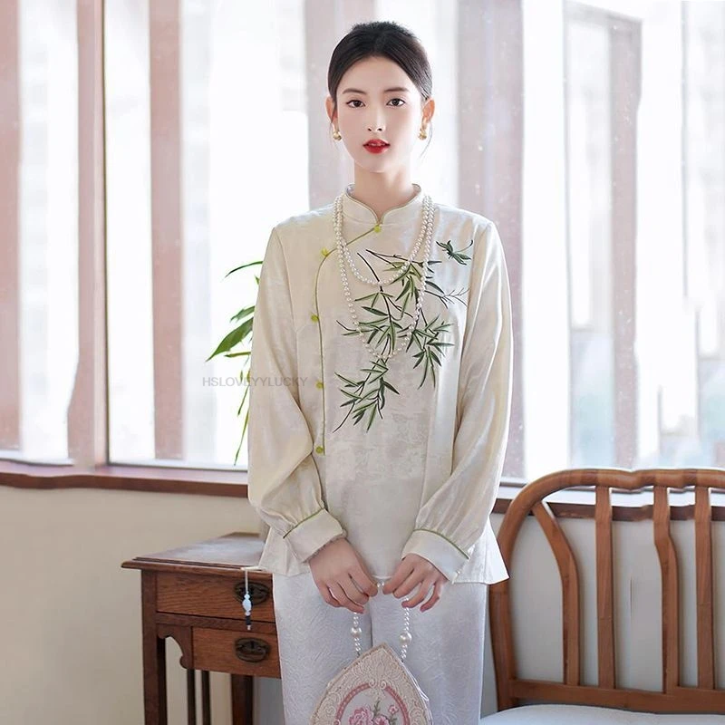 

New Chinese Retro Embroidered Long Sleeve Shirt For Women Spring High-end Quality Age-reducing Slimming Casual Style Top