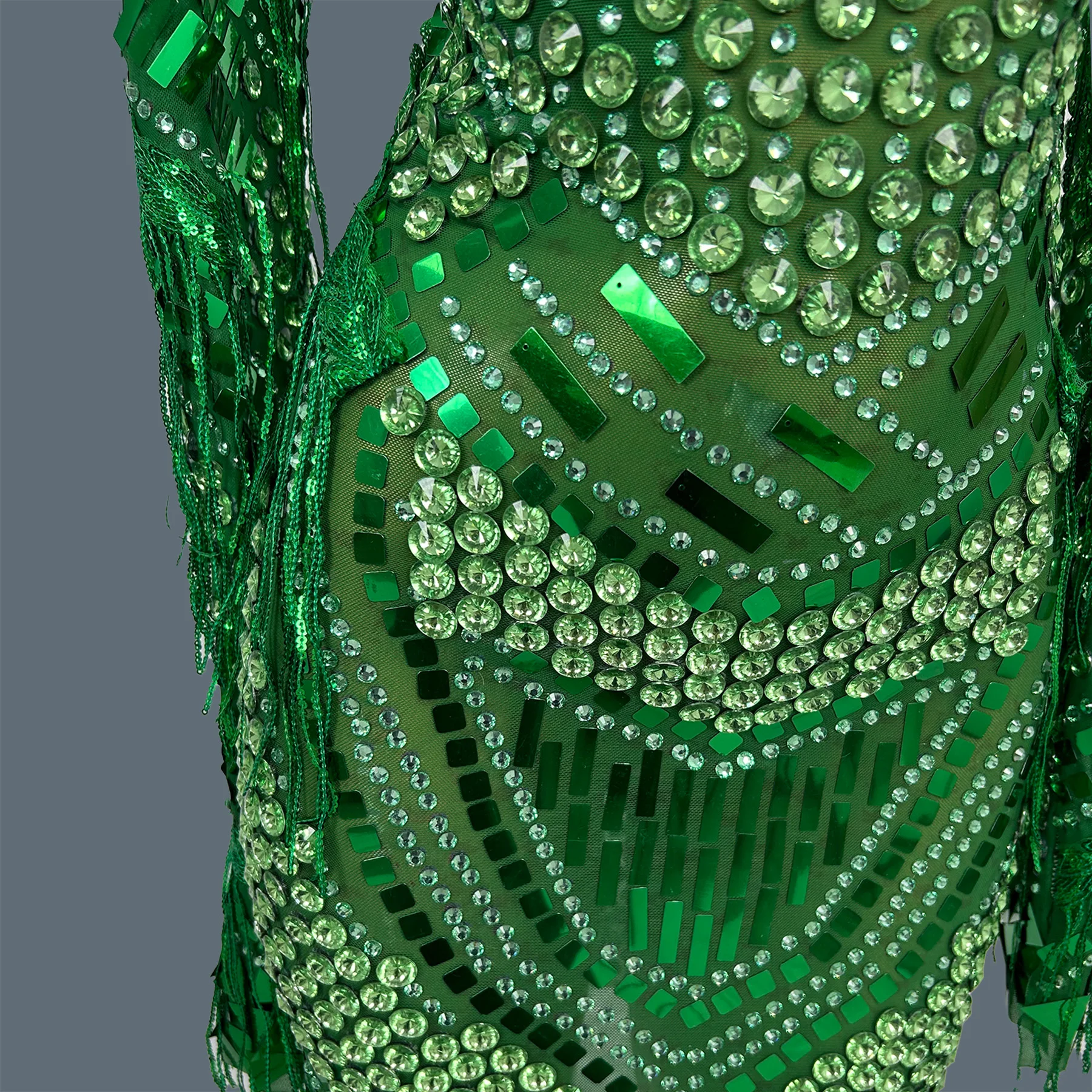 Sexy Women Full Rhinestone Sequins Tassel See Through Mesh Mini Dress Streamer Theme Party Photo Shoot Wear gig  Outfit Youzi