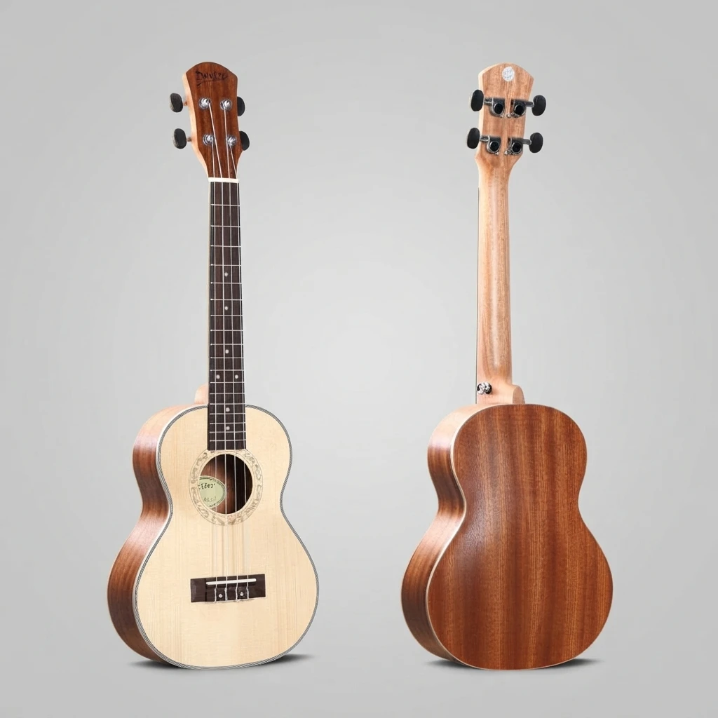 Traditional Contrast Ukulele 4 Strings, Light Top Brown Back, Black Tuners, Soprano Size, Decorative Rosette for Beginners