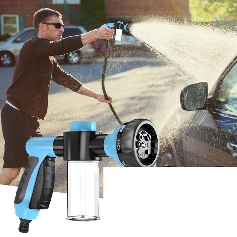 AU05 -Car Washing Nozzle Garden Hose Nozzle High Pressure Hose Foam Spray With Soap Dispenser Eight-In-One Spray Mode