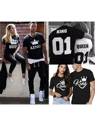 100% Cotton T Shirt KING QUEEN Letter Crown Printed Black White T-shirts Summer Casual Couple Lovers Tshirt Tops Clothes