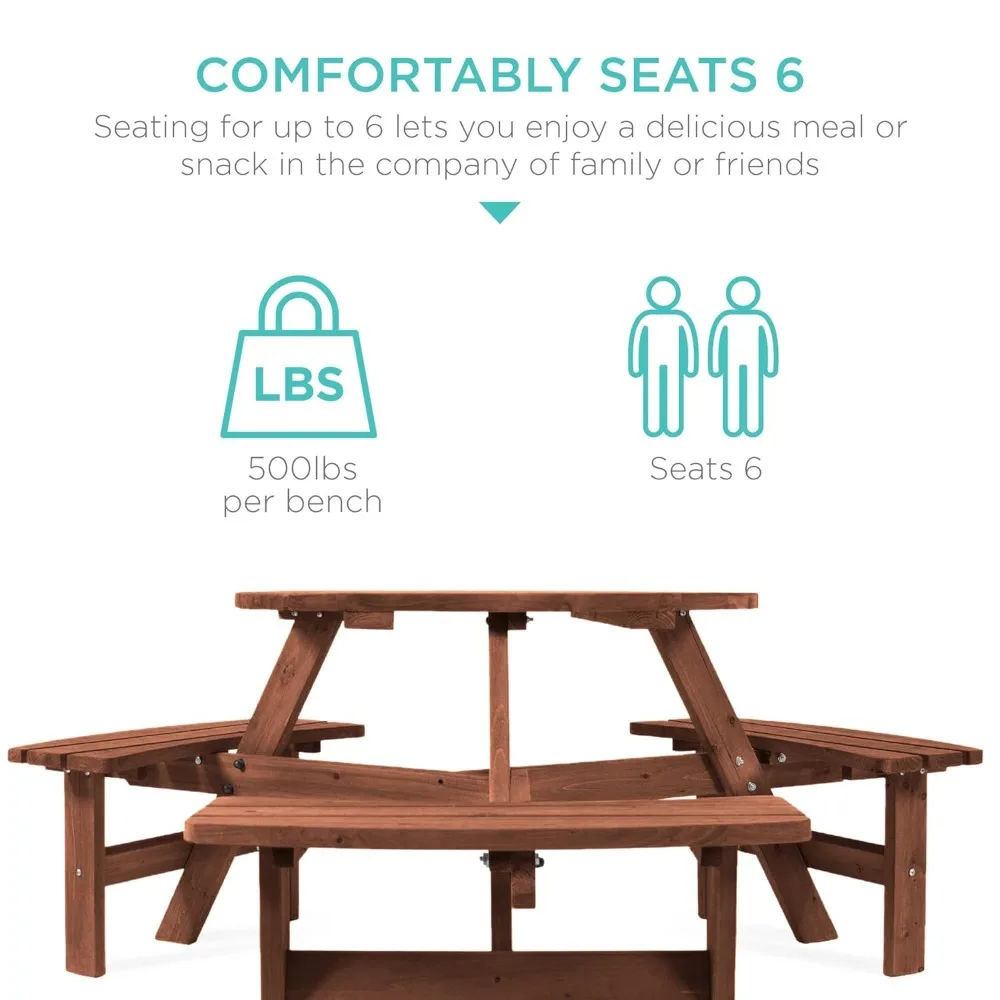 

6-Person Circular Outdoor Wooden Picnic Table, DIY W/ 3 Built-in Benches, 500lb, Customized