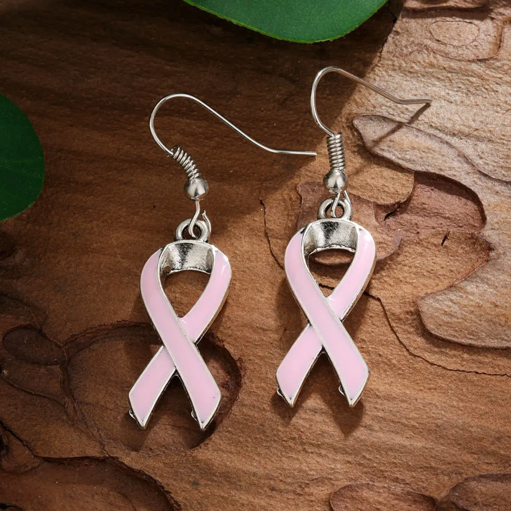 October Jewelry Wholesale Enamel Pink Breast Cancer Awareness Earrings Breast Cancer Ribbon Dangle Earrings for Cancer Survivor