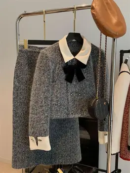 Jaqueta curta feminina com casaco e saia dividida de cintura alta, gola de boneca, elegante, primavera, 2 peças