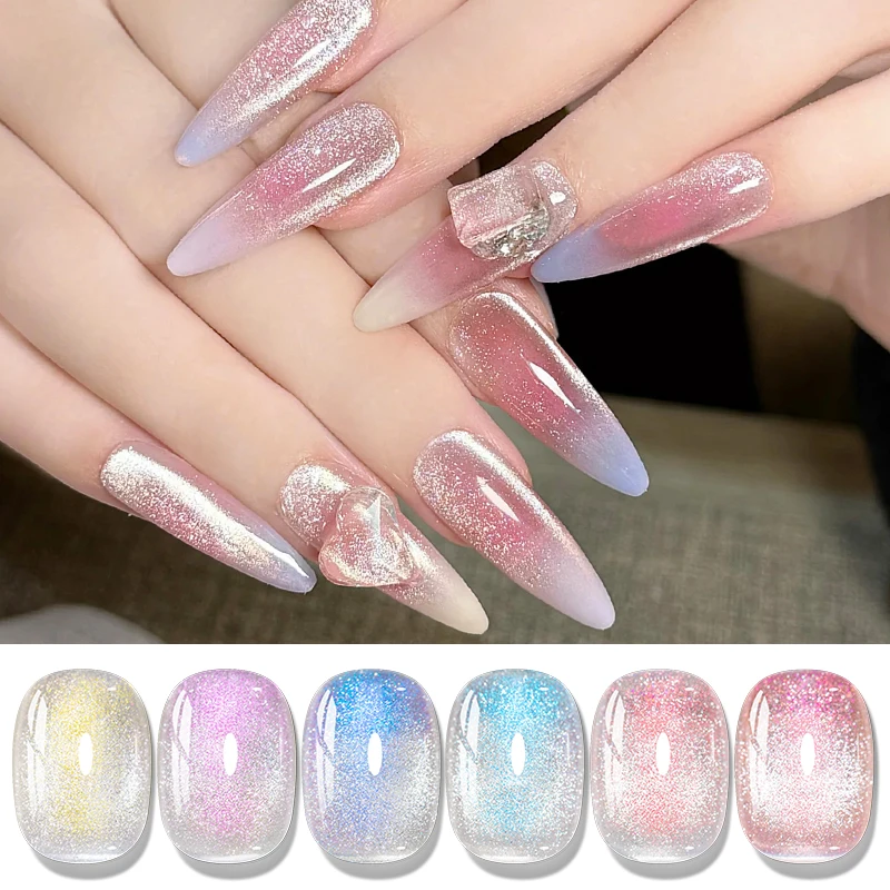 7ml arco-íris auroras gato gel magnético unha polonês espumante brilhante brilho fada cristal magnético semi permanente arte do prego gel