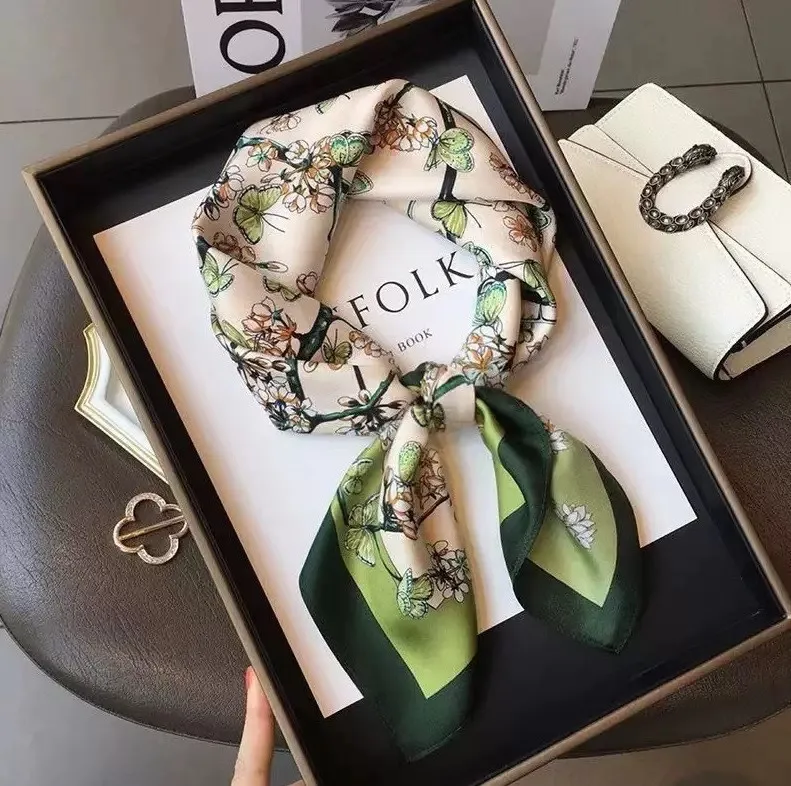 

Women'S Scarf Accessories High-End Neck Scarf Imitation Silk Square Scarf Green Blooms Grace The Bough Printed Style