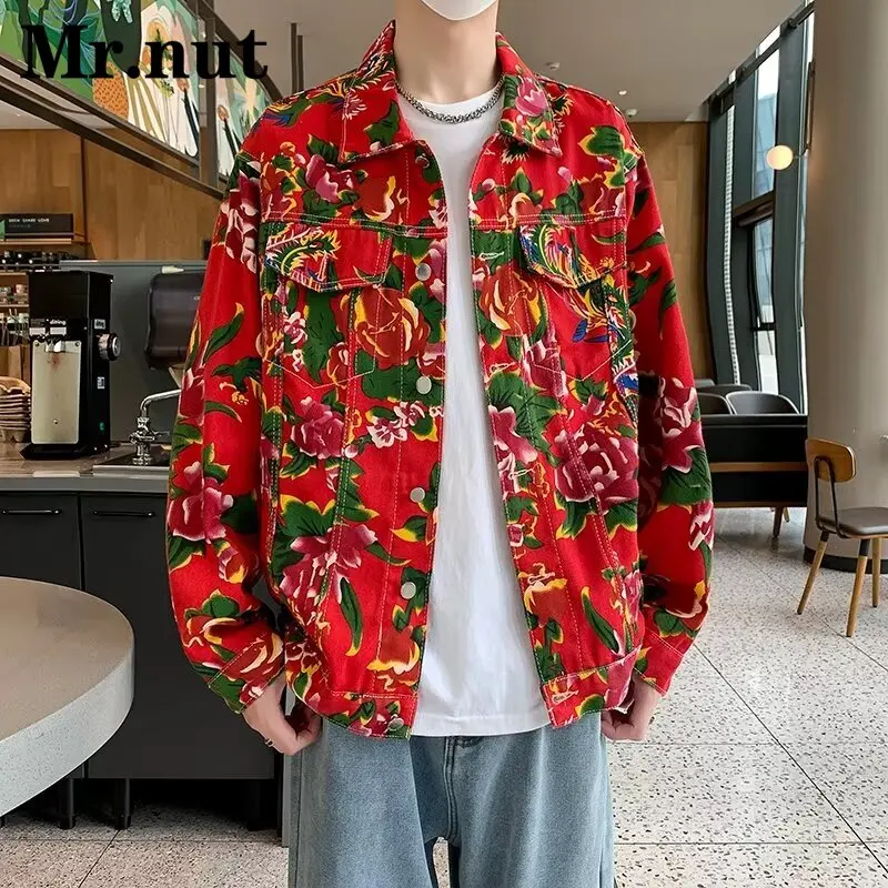 Male Clothes Autumn Jackets Big Flower Personalized Tops Stylish Popular Jacket Men's Lapelcollar Outerwear Casual Spring Coat