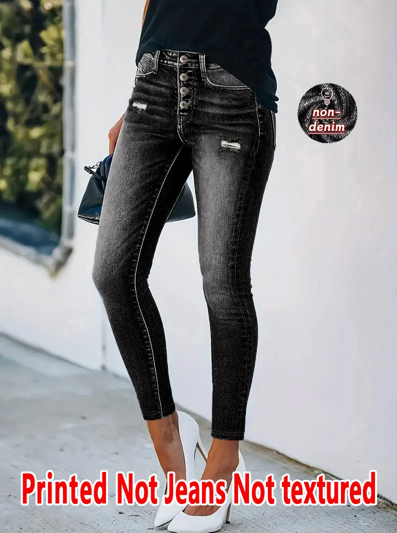 1135  Ladies Non-Leather Denim Fabric Long Pants Spring Summer Autumn Winter Print Base Layer Pants Versatile All-Season Wear