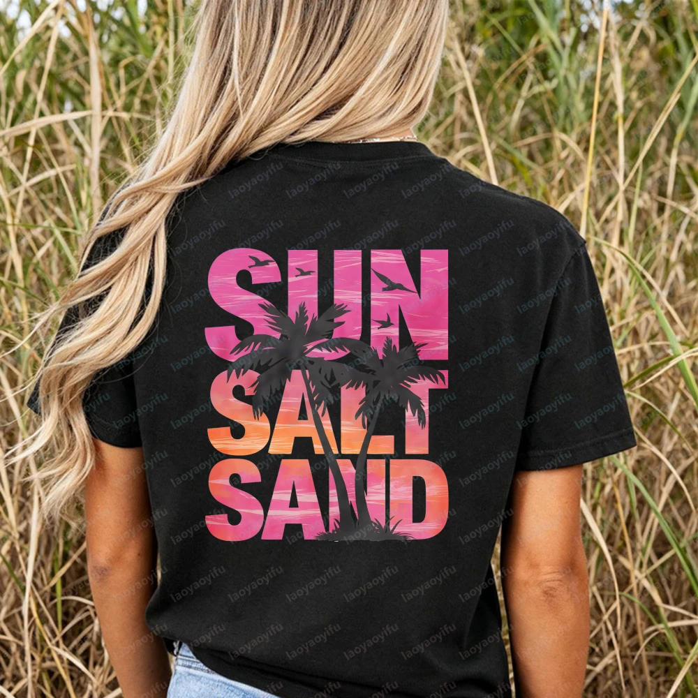 Sun Salt Sand T-Shirt Women Sunset Palm Tree Graphic Tees Casual Short Sleeve Cotton Tops Summer Beach Vacation Surf Shirts