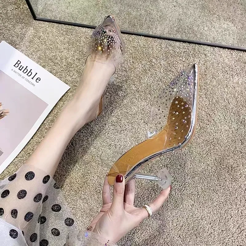 Women High Heel Shoes Summer Bling Transparent Plastic Thin Heels Women Slingbacks Shoes Dress Party Pionted Toe Heels Shoes