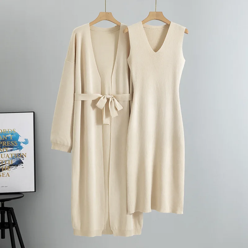 2025 primavera y otoño nuevo estilo de moda conjunto cárdigan de punto abrigo chaleco sin mangas vestido conjunto de dos piezas para mujer