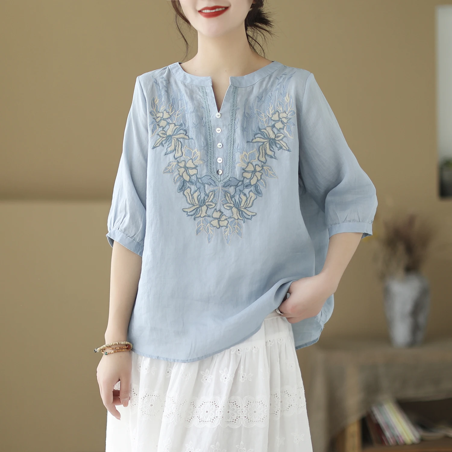 

Ele Embroidered Cotton Linen irt Women's High-End Feeling Five-Sve Top Summer Loose Fit Comfortable Breathable