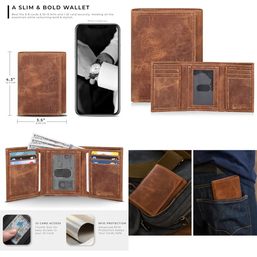 

Tri fold Leather Wallet for Men with RFID Slim Wallets for Men with 1 ID and 6 Credit card slots Front Pocket Minimalist