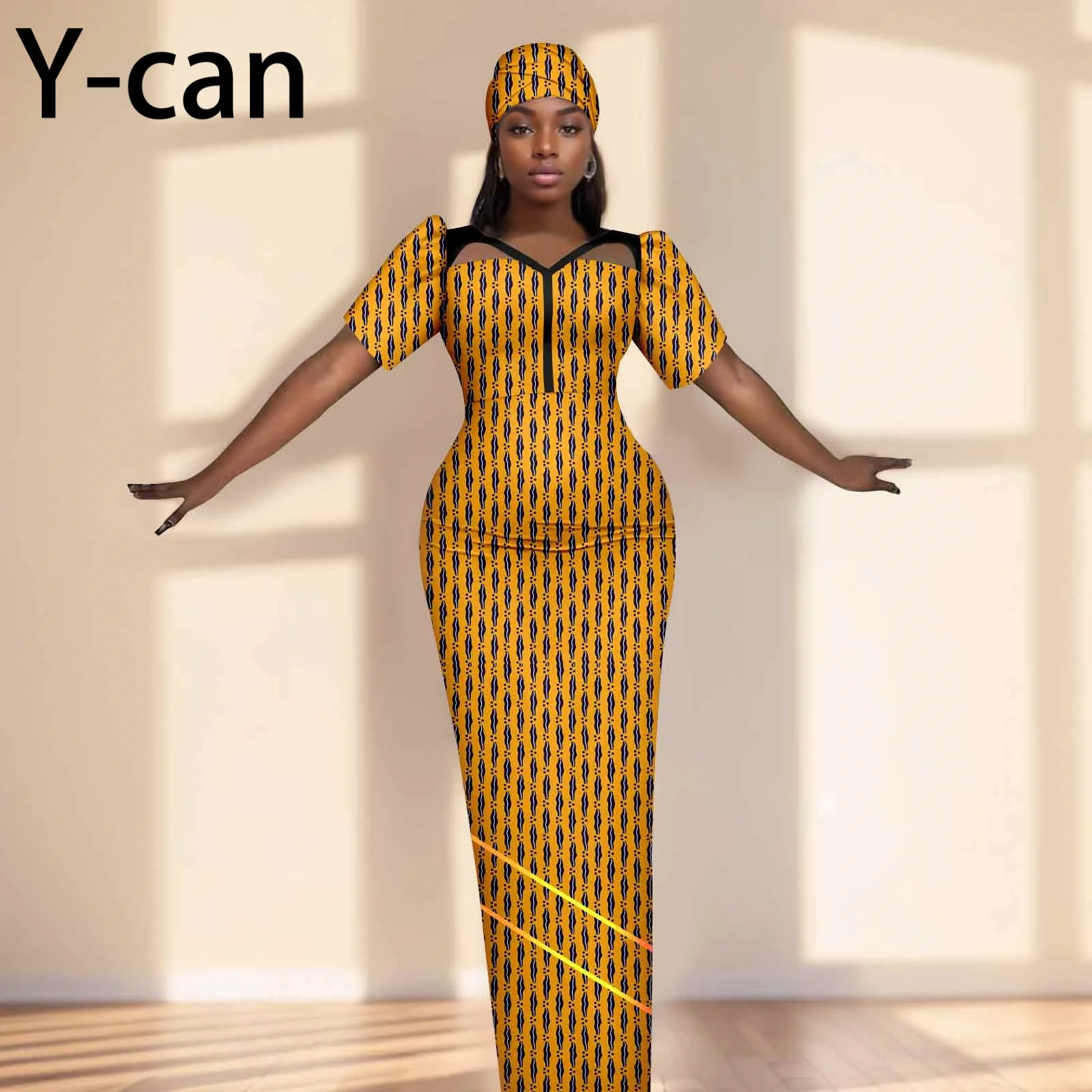 Party Gown African Dresses for Women Slim Fit Short Sleeve Dress Evening Vestidos with Headwrap Dashiki Ankara Print 2525071