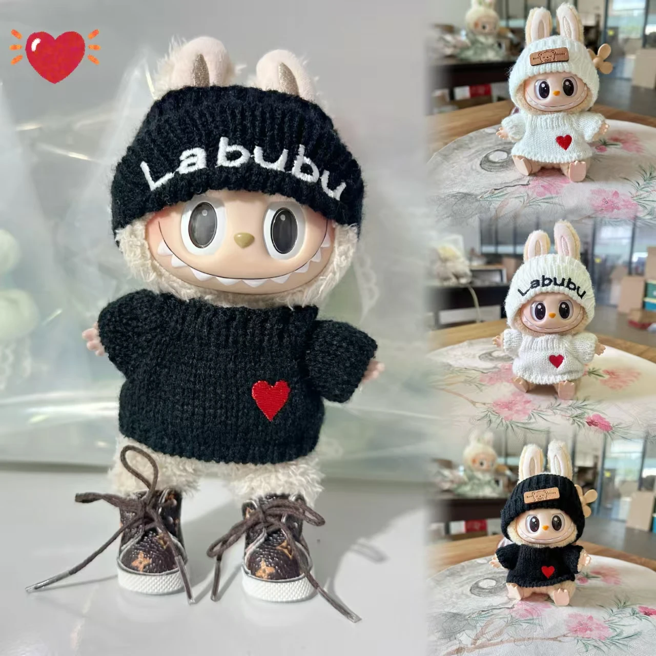 17cm Labubu Dolls Clothing The Monster Outfit Accessories For Sitting Party Labubu Letter Hat Love Sweater Casual Shoes ES06F