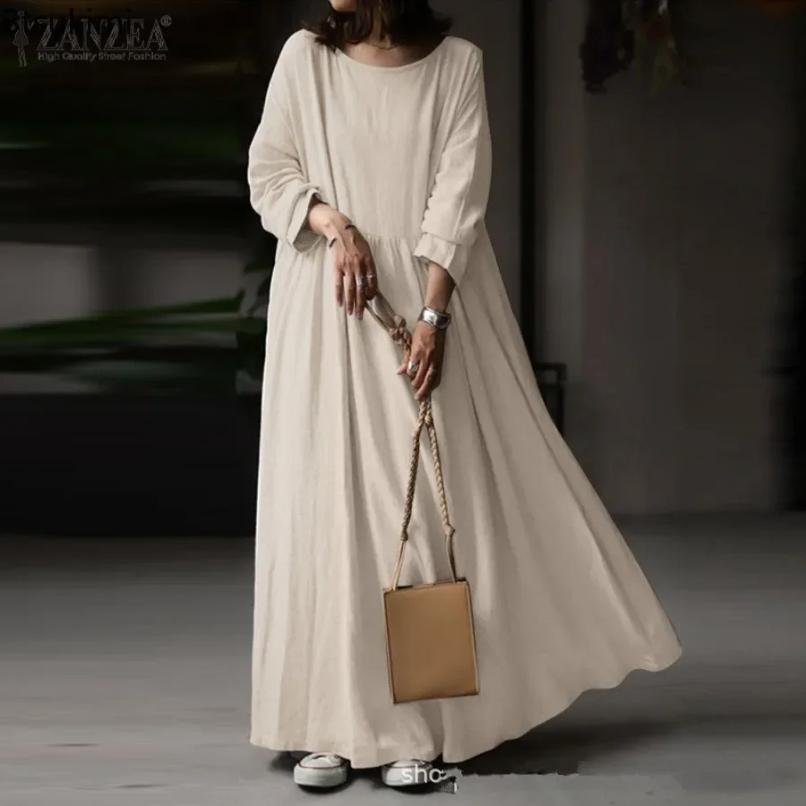 New Elegant Solid Dress Women's Casual Loose Long Sleeve Pleated Maxi Dresses Female Cotton Linen Modest Vestidos Robe Oversized