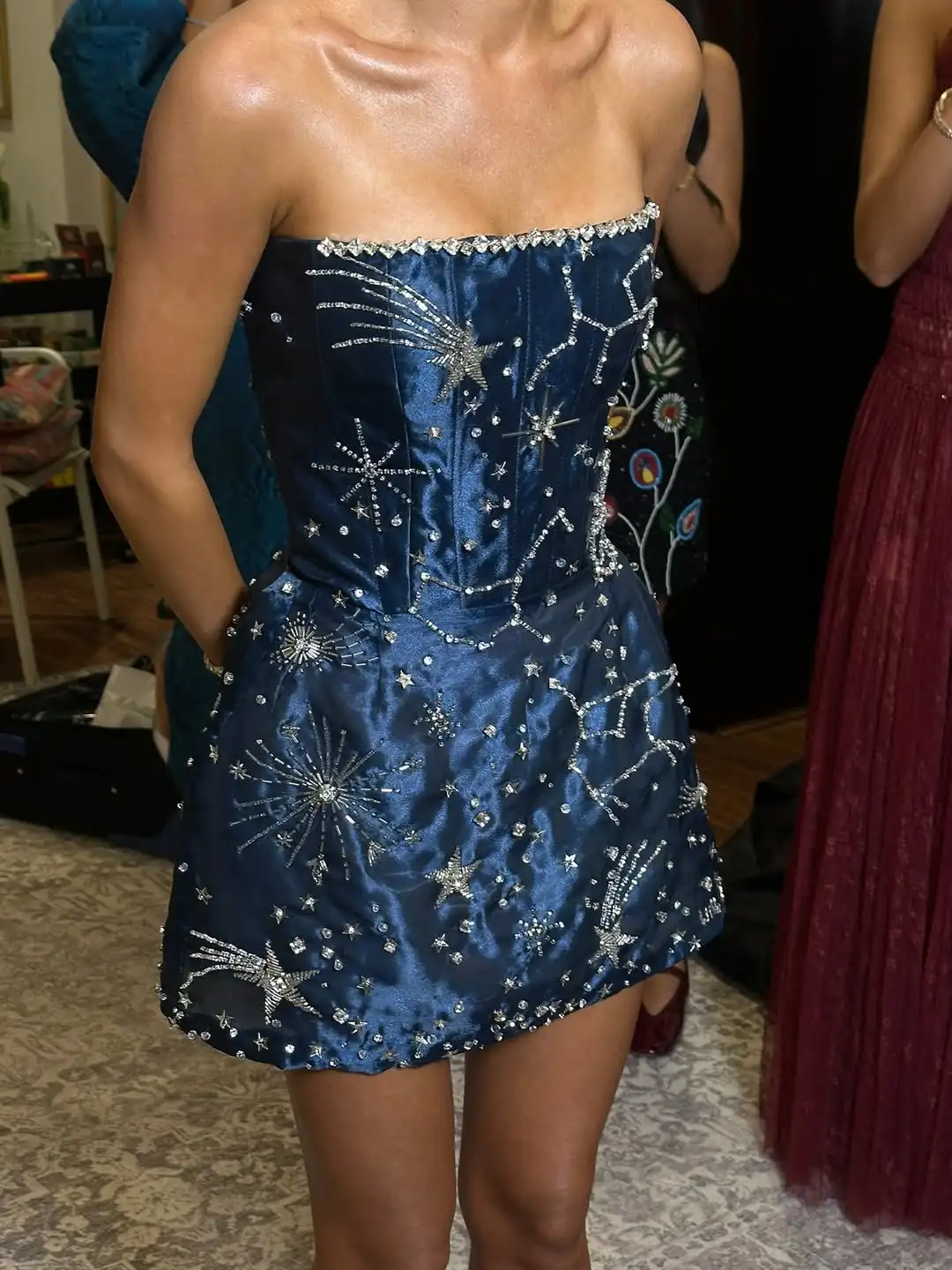 Luxuriöses, trägerloses Sternmuster, Kristallperlen, Satin, Mini-Korsett, Cocktail-Abend, Abschlussball, Hochzeit, formelle Party, besondere Anlässe