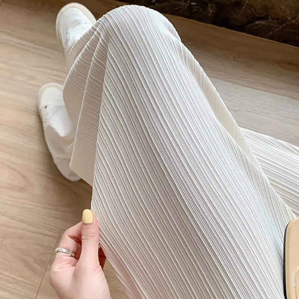 High Waist Elastic Waistband Women Pants Ribbed Thin Full Length Breathable Ice Silk Straight Wide Leg Pants