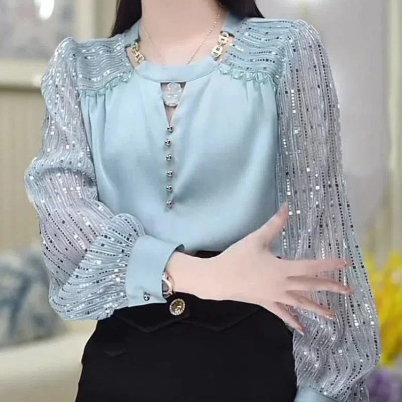 French Style Fashion Autumn Shirts Women Clothing Solid O-Neck Patchwork Bright Silk Temperament Sweet Loose Long Sleeve Tops