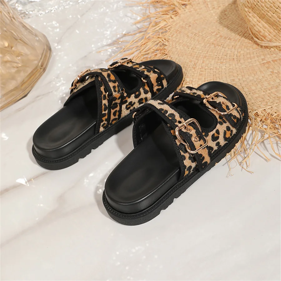 Horsehair Women Slippers Thick Sole Platform Shoes Woman 2024 Trend Leopard Print Sandals Ladies Beach Slides Big Size 43