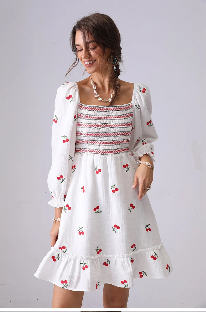 

2025 Spring And Summer Short Women's Dress Cute Cherry Embroidery Dresses Square Neck Long Sleeve Boho Holiday Mini Dress