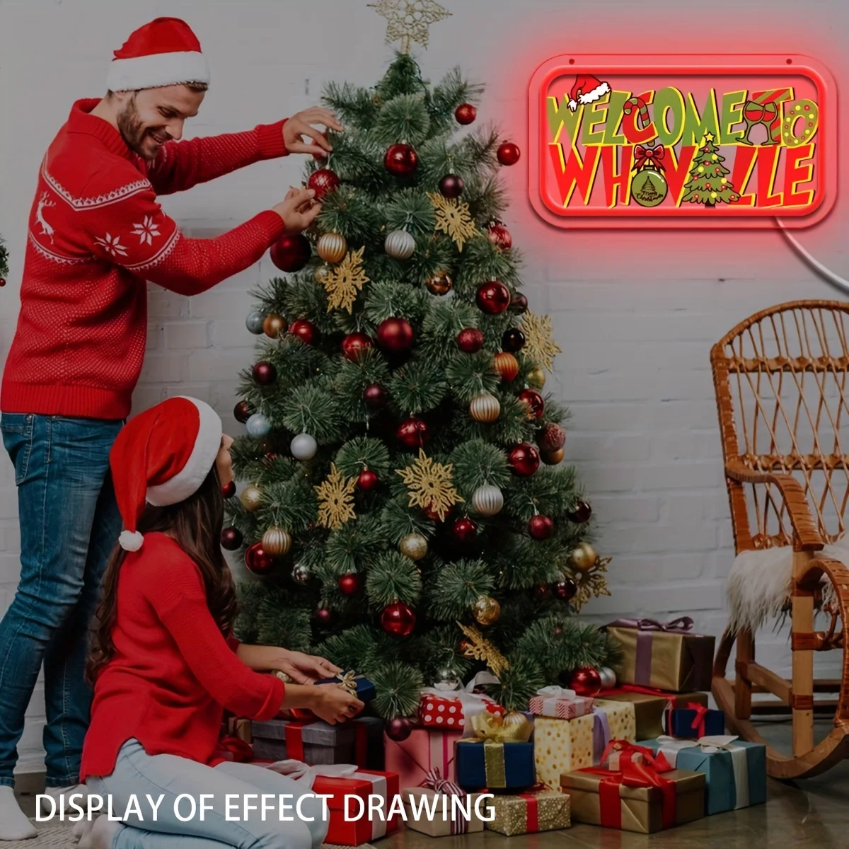 Christmas Neon Sign USB Powered Dimmable Welcome To Whoville LED Night Light for Xmas Home Atmosphere Decor Gift for Christmas