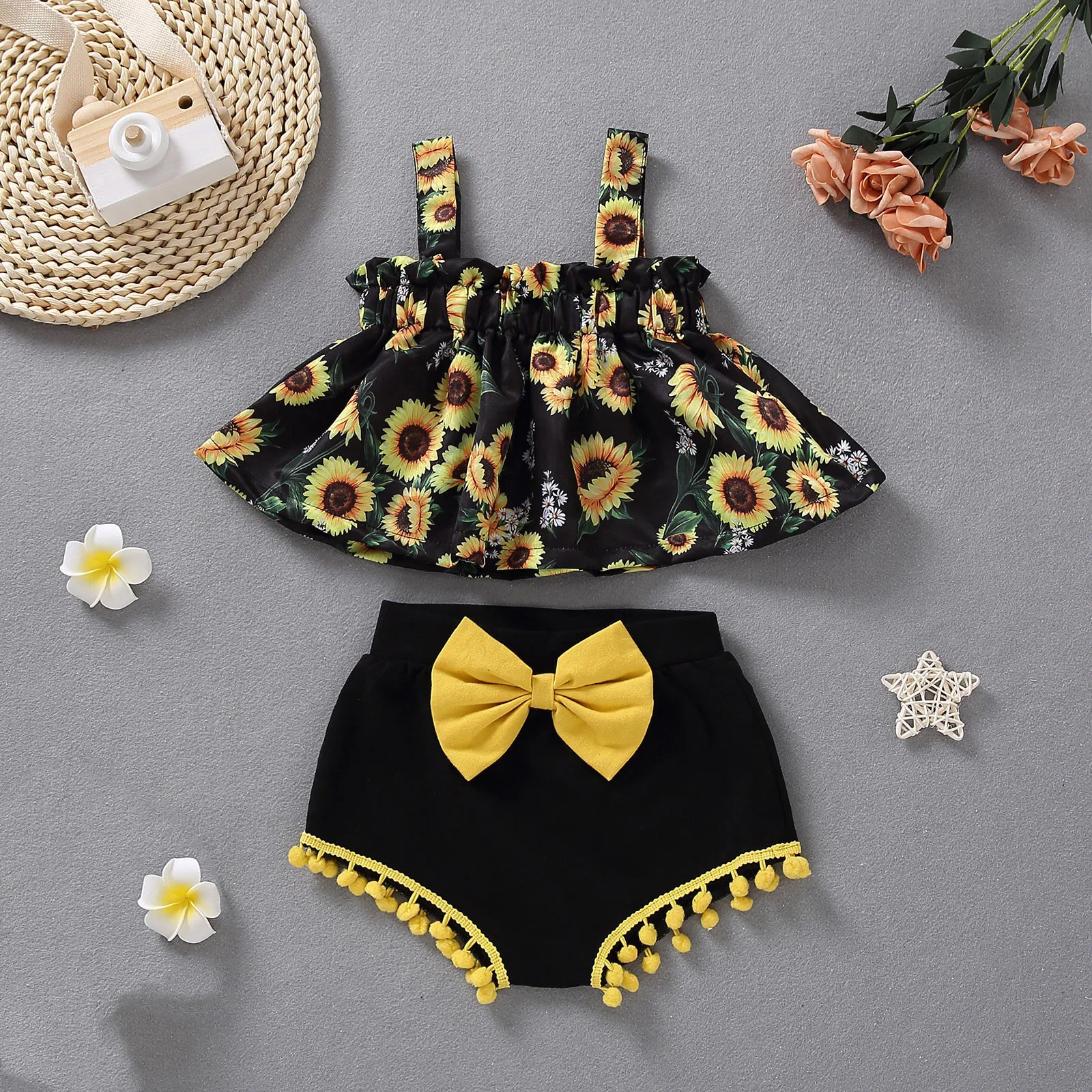 3 6 9 12 Months Newborn Baby Girl Summer Clothing Sets Floral Print Vest +Bowknot Shorts Infant Outfit Suit Fashion Girl Clothes