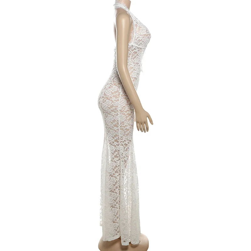 Vrouwen pure mesh mouwloze maxi-jurk coquette uitgesneden halter bodycon lange jurk dames feest strand backless jurk cover-up