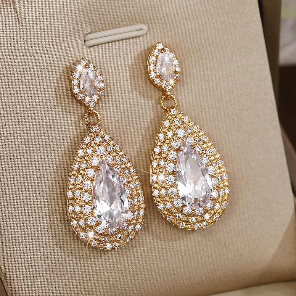 Huitan Hot Water Drop CZ Dangle Earrings Women Luxury Gold Color Bide Wedding Earrings High Quality Fashion Jewelry Wholesale