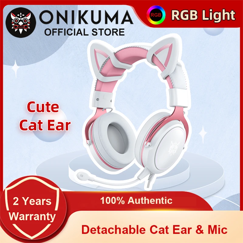 ONIKUMA X10 Gaming Headphones with Detachable Cute Cat Ear RBG Lighting Gaming Headset Gamer Earphone with HD Mic for PC Gaming