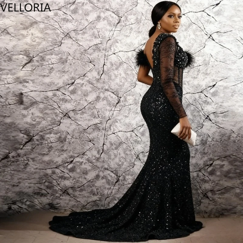 Black Mermaid Evening Gowns Beaded Corset Long Sleeve Big Feather Prom Dresses Women Pageant Wedding Party Vestidos Customized image 3