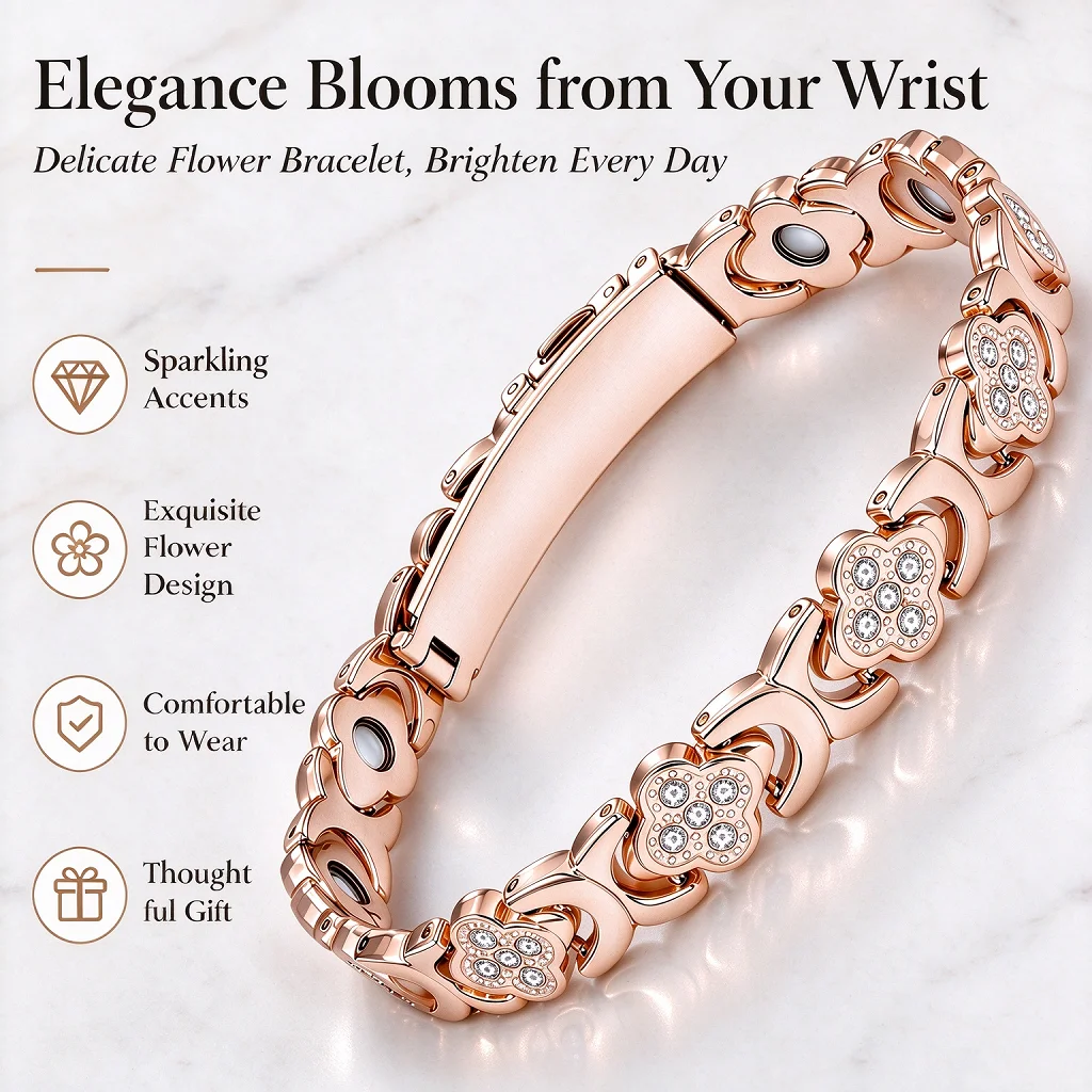 Four Leaf Clover Bracelet Rose Gold Zinc Alloy Floral Link Wristband with Sparkling Accents Anti-Rust Gift Send Regulator