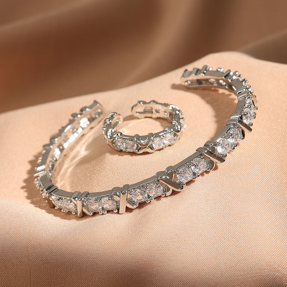 Yupsk كلاسيكي AAA الزركون C على شكل الكفة سوار خاتم مجموعة للنساء الصليب تصميم تشيكوسلوفاكيا المشاركة مجوهرات الزفاف #2