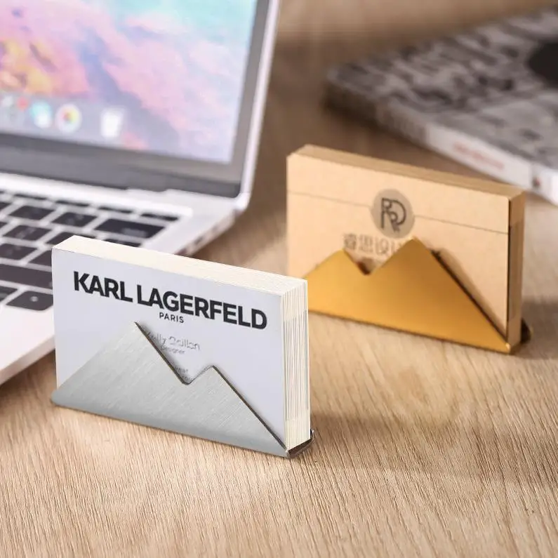 

Simple Stainless Steel Golden Business Card Holder For Desk Card Stand For Business Cards Office Desk Organizers ni589