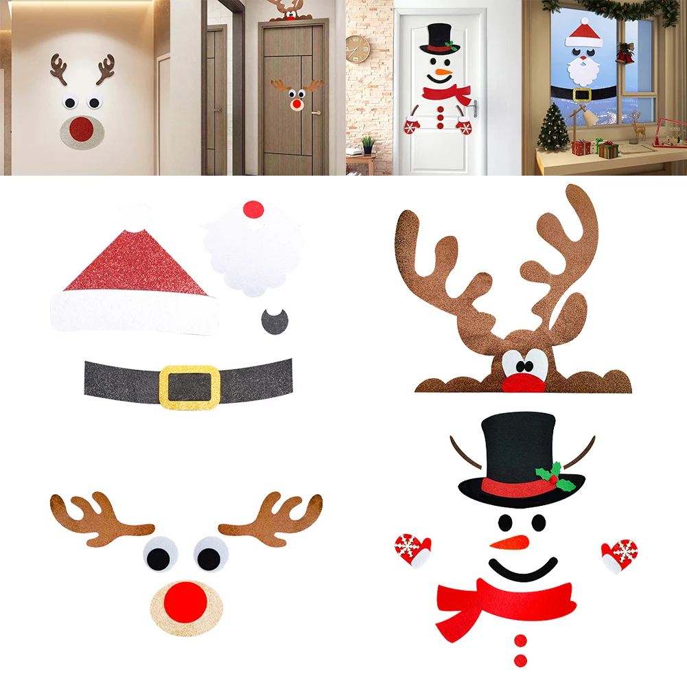 1pcs Christmas Felt Cloth Door Window Stickers Snowman Santa Claus Elk Wall Sticker Christmas Home Decor Happy New Year 2025