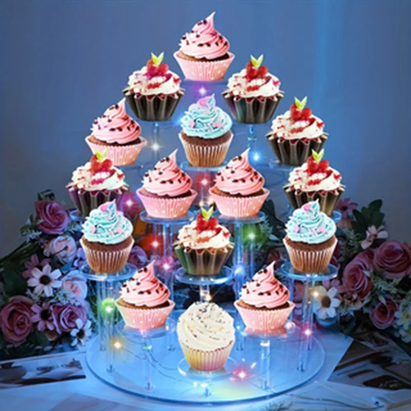 Acrylic Cupcake Stand, 16 Cupcakes Pastry Tower with LED Light String Display Holder, Dessert Stand Cupcake Pastry