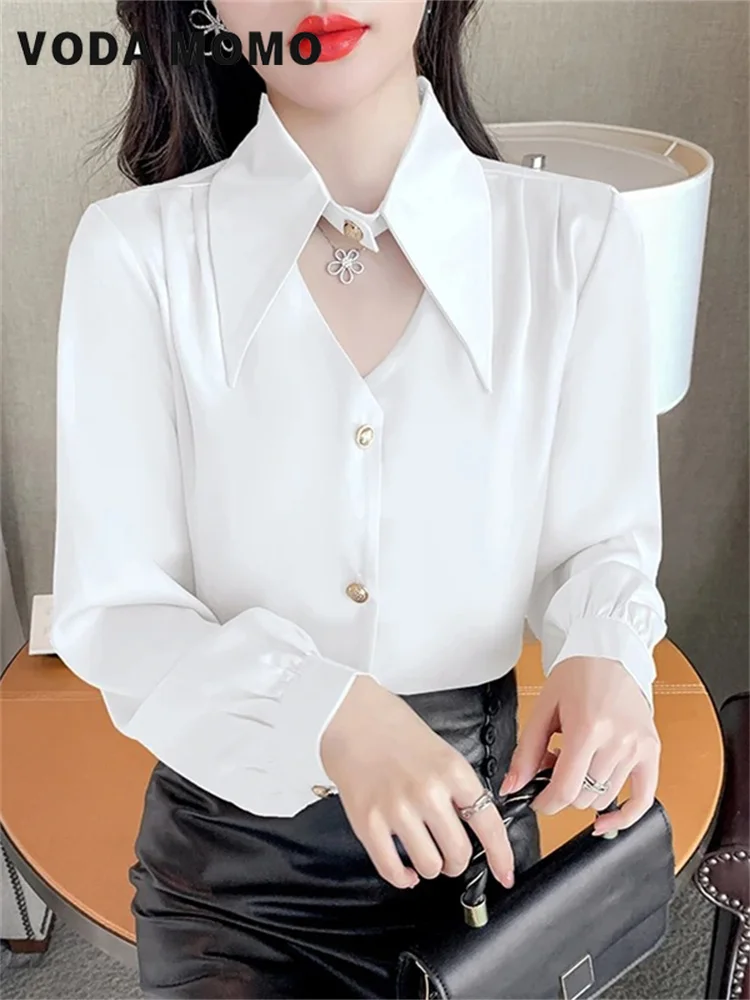 Commuting Wind New Simple Korean Vintage Satin Silk Shirt Women Fashion Blouse Elegant Female Blouse Long Sleeve Shirts Tops