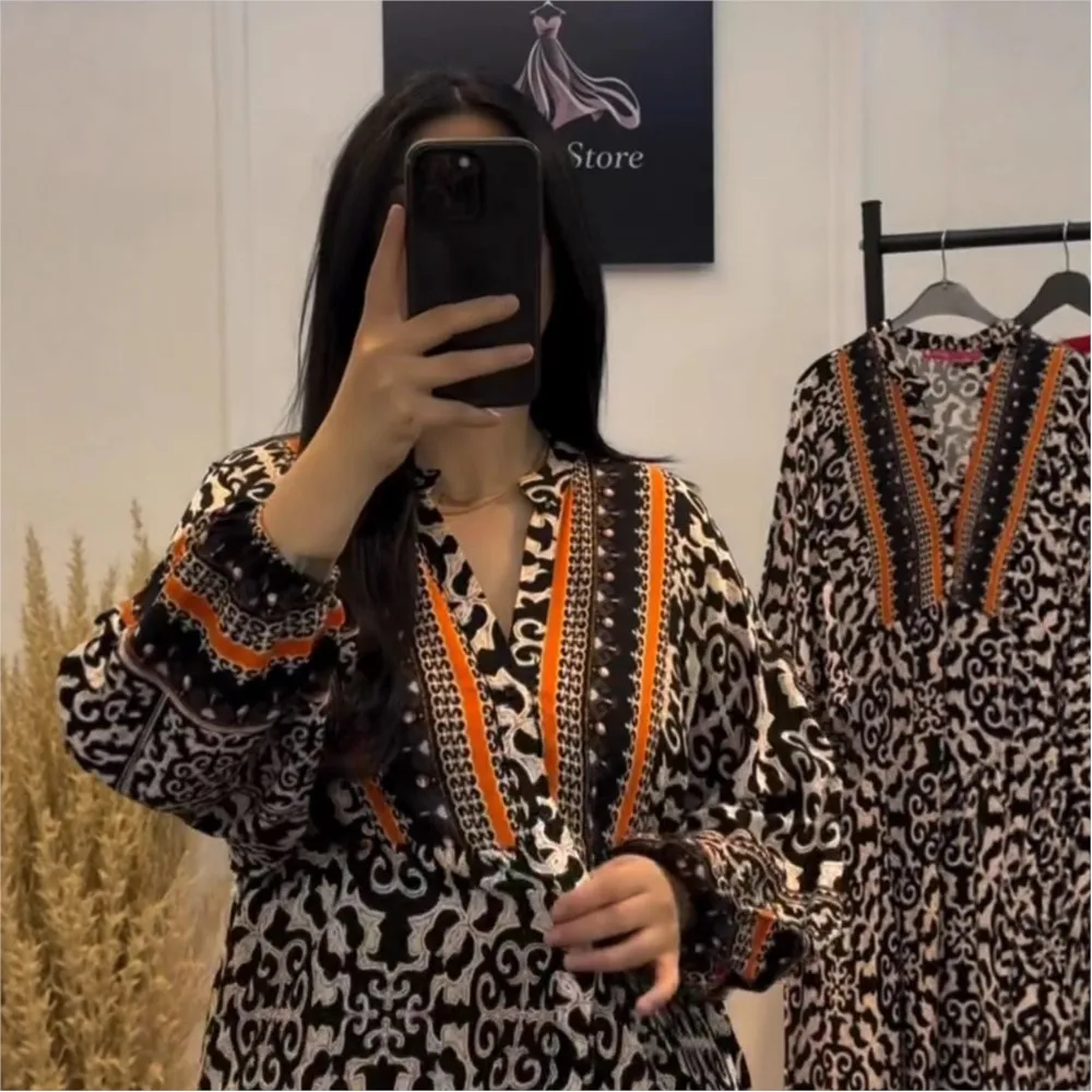 Vestido largo holgado de manga larga con cuello en V, elegante y a la moda, vestido largo informal estampado a la moda de otoño para mujer, vestido con patrón 2025