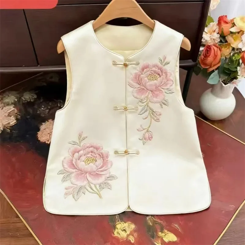 Women Vest Fashion Spring and Summer Round Collar Sleeveless Waistcoat Loose embroider Vest Coat Joker Women Cardigan Jacket