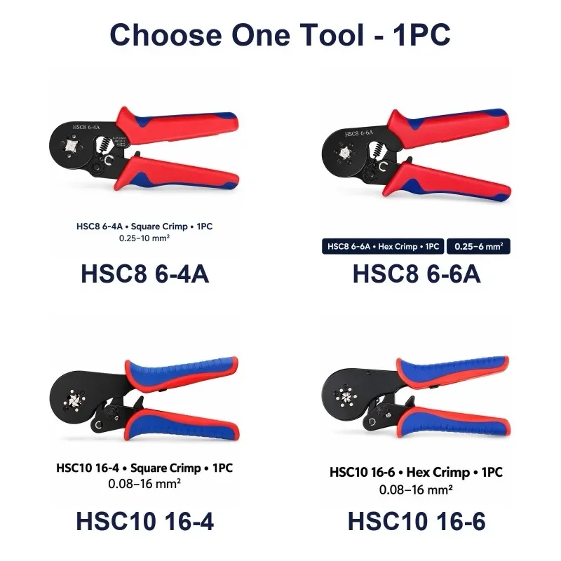 Wire End Ferrule Ratchet Crimping Tools Square or Hex HSC8 6 4A 6 6A HSC10 16 4 16 6 Red Blue Grip Pliers 1PC Choose One Model