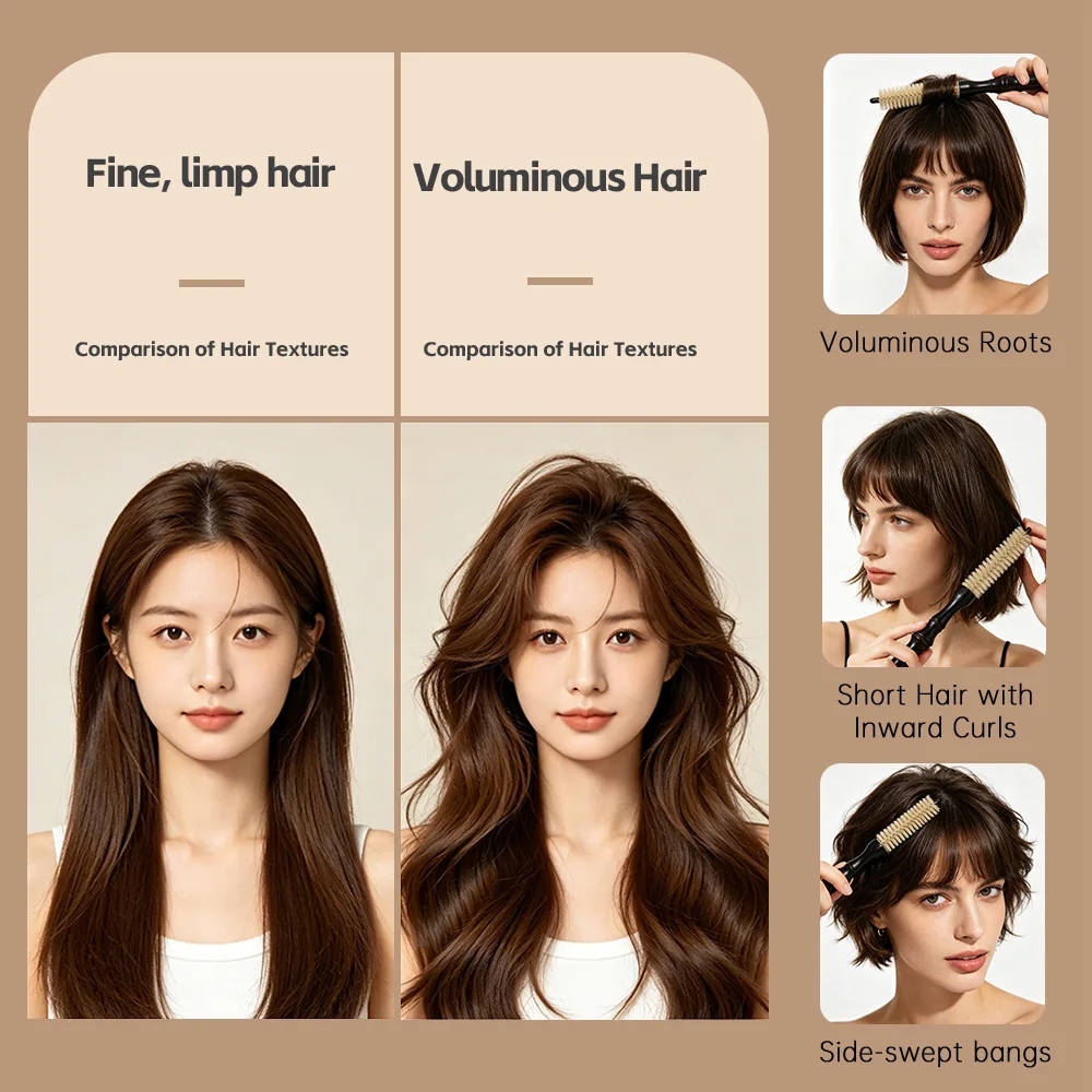 1Pc Mini Styling Comb for Hair Roots, Available in Three Sizes, with Bamboo-Sectioned Non-Slip Handle, Fine Soft Boar Bristles, Thin Barrel Roller Comb for Lifting the Crown, Creating Volume at the Roots, Styling Air Bangs, Short Hair, Small Curls, Home Use, Smoothing and Styling Hair Tool