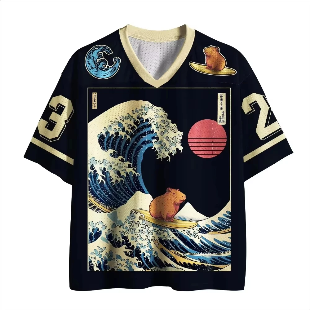 Retro Japanese Ukiyo-e Wave 3D Print Sport Quickdry Breatha Men V-Neck T-Shirt Street Fashion Hip-Hop Y2K parent-child Clothing