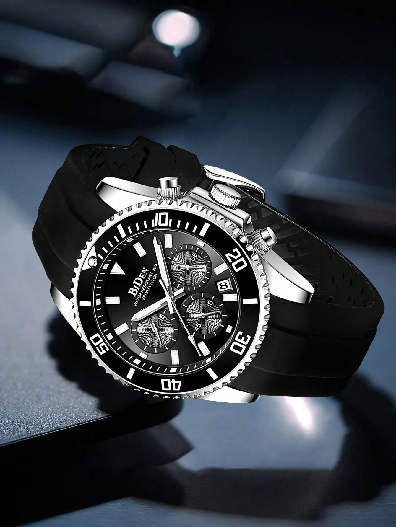 

Мужские спортивные часы-хронограф с люминесцентными стрелками, силиконовым ремешком, водонепроницаемостью до 30 метров