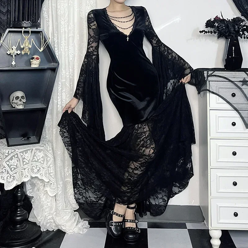 Y2K Goth Floral Lace Mesh Flared Sleeve Bodycon Party Dresses Sexy Vintage Elegant Black Velvet V-Neck Long Dress Partywear