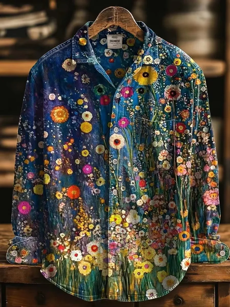 Men's Fashion Casual Fashion Patchwork Design Linen Shirt Floral 3D Printed New Style Comfortable Fit Long Sleeve Casual Shirt - view 5