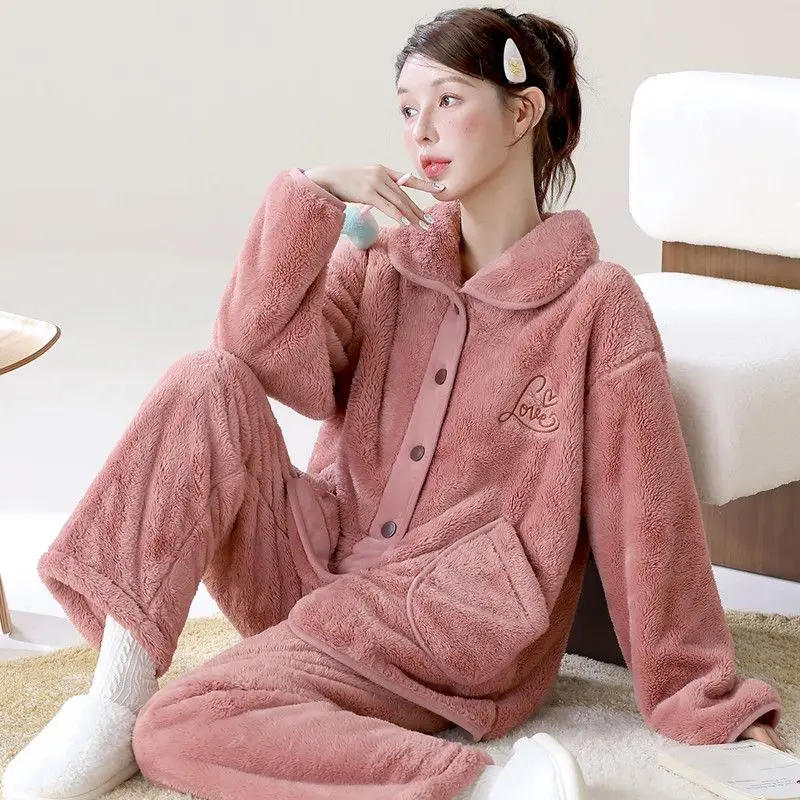 

Women's Pajama Set Can Be Worn Outside Cute Flannel Big Size Comfortable Sleepwear Loungewear Home Clothes Two-Piece for Girl