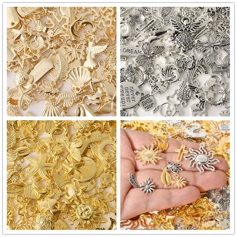 Mezcla de dijes de Metal de Color dorado/plateado, Animal, sol, hoja de Ángel, colgante DIY, dijes para fabricación de joyas, accesorios de materiales Vintage a granel