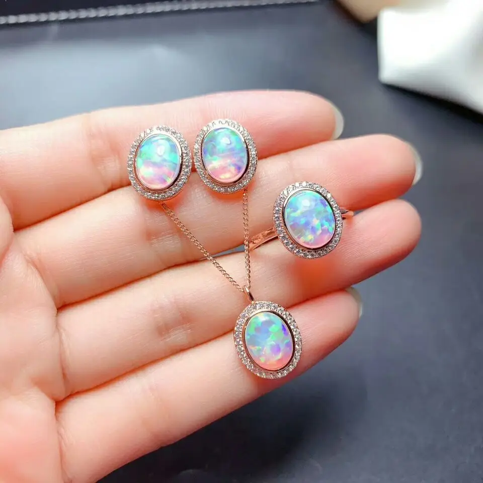 

MeiBaPJ Natural Opal Gemstone Ellips Earrings Ring and Necklace 3 piece Siut for Women Real 925 Sterling Silver Fine Jewelry Set