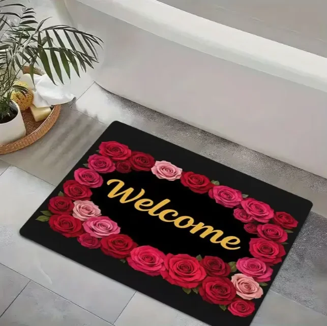 Flache 2D-Bodenmatte aus Kieselalgen-Schlammmaterial, 1-teilige neuwertige Matte, rote Rose und goldene Buchstaben auf schwarzem Hintergrund, Teppiche